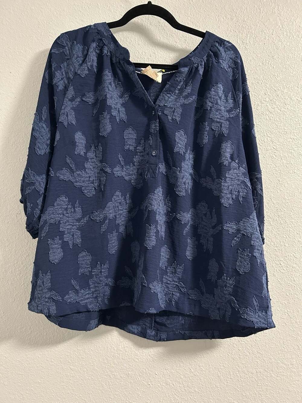 Umgee Navy Blue Floral Burnout Velvet Blouse Top Size M
